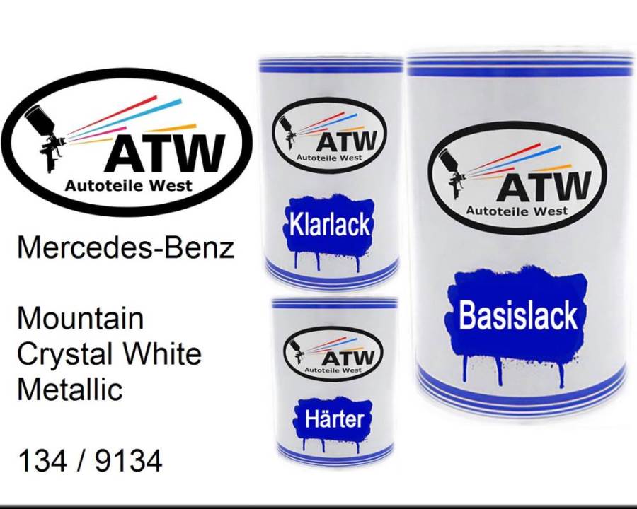 Mercedes-Benz, Mountain Crystal White Metallic, 134 / 9134: 500ml Lackdose + 500ml Klarlack + 250ml Härter - Set, von ATW Autoteile West.